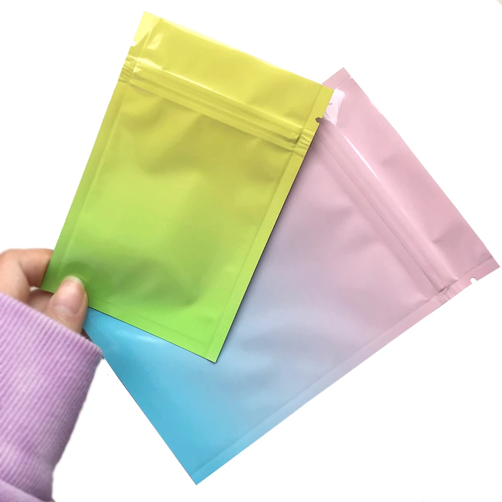 100pcs Resealable Pink Blue Gradient Smell Proof Zip Lock Mylar Bags Aluminum Foil Flat Ziplock jewelry Gift Food Package Bag