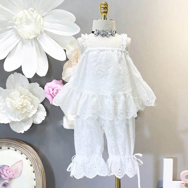 Girls Suit Flower Sling Top Plus Middle Pants 2024 Summer New Fashion Children'S Clothing Sets