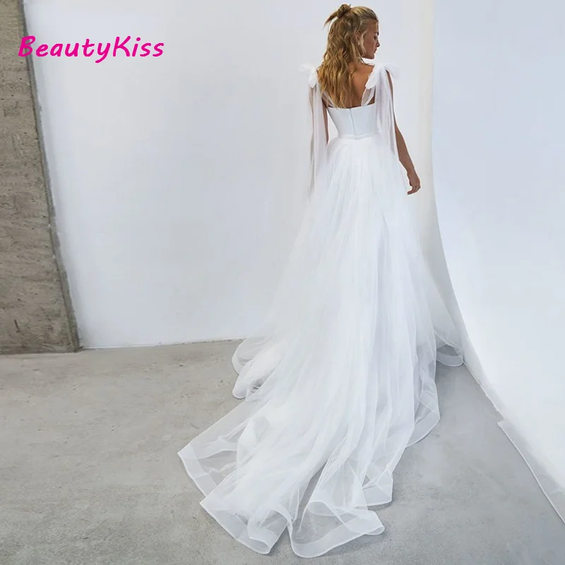 Robes de mariée en tulle blanc simple avec nœud, bretelles spaghetti chérie, ligne A, fête de mariage sur la plage, tout ce qui est éducatif, Boho, 2023