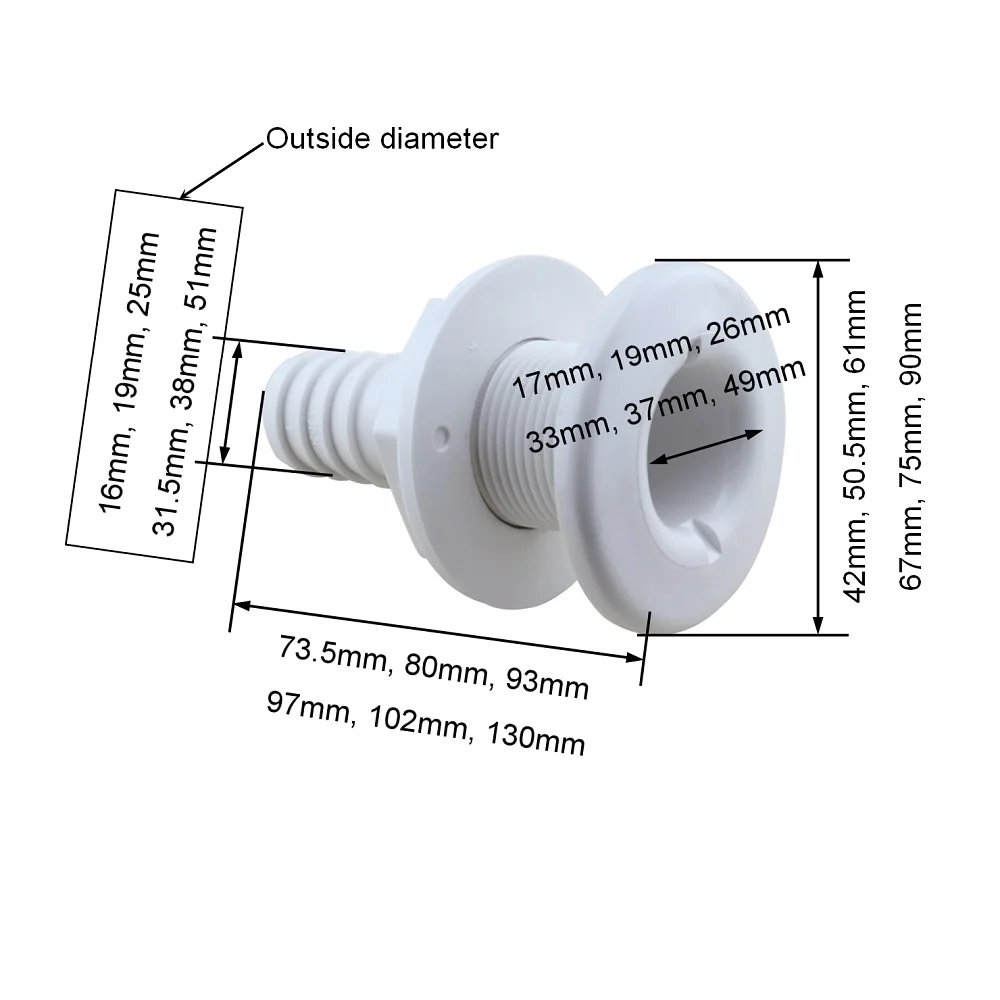 ABS Plastic White Through Hull Fitting 5/8 inch 3/4 inch 1 inch 1-1/4 inch 1-1/2 inch 2 inch Marine Hardware Thru Hull Outlets