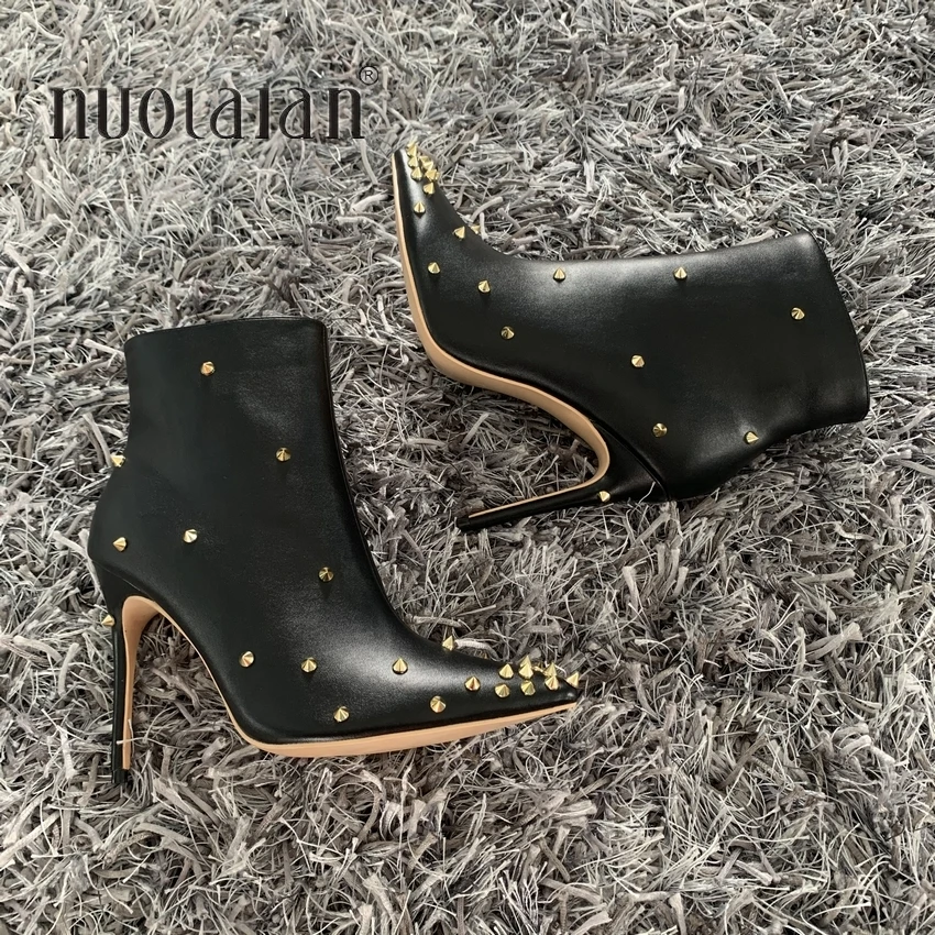 2020 autumn winter women boots black white leather rivet ankle boots for women pointed toe high heels boots sexy ladies shoes