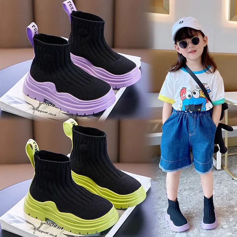 

Baby Girls' shoes 2021 new high-top boots Soft Weaving Mesh Sock Shoes Sports Casual Toddler Shoe Walking Older Kids Sneakers