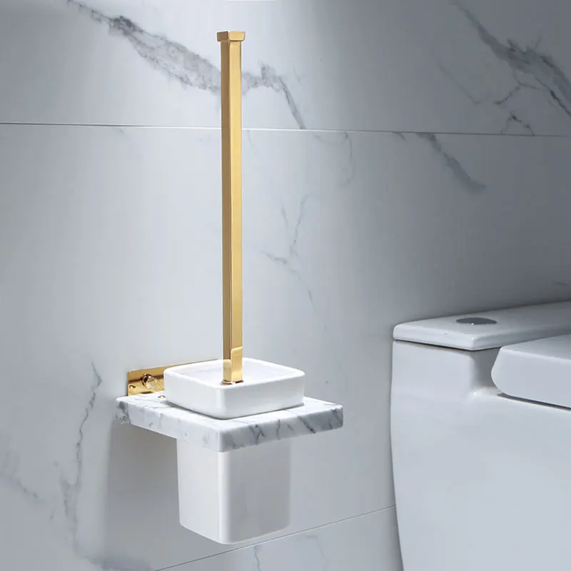 

Gold Toilet Brush Holder with Brush Marble and Brass Bathroom Toilet Scrub Cleaning Brush Holder Set Wall Mounted