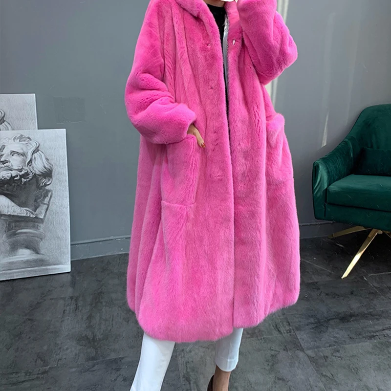 フタンガイール新冬輸入パープルラベルベルベットミンクファーコートフード付きビッグポケット女性用エクストラロング天然リアルミンクファーコート