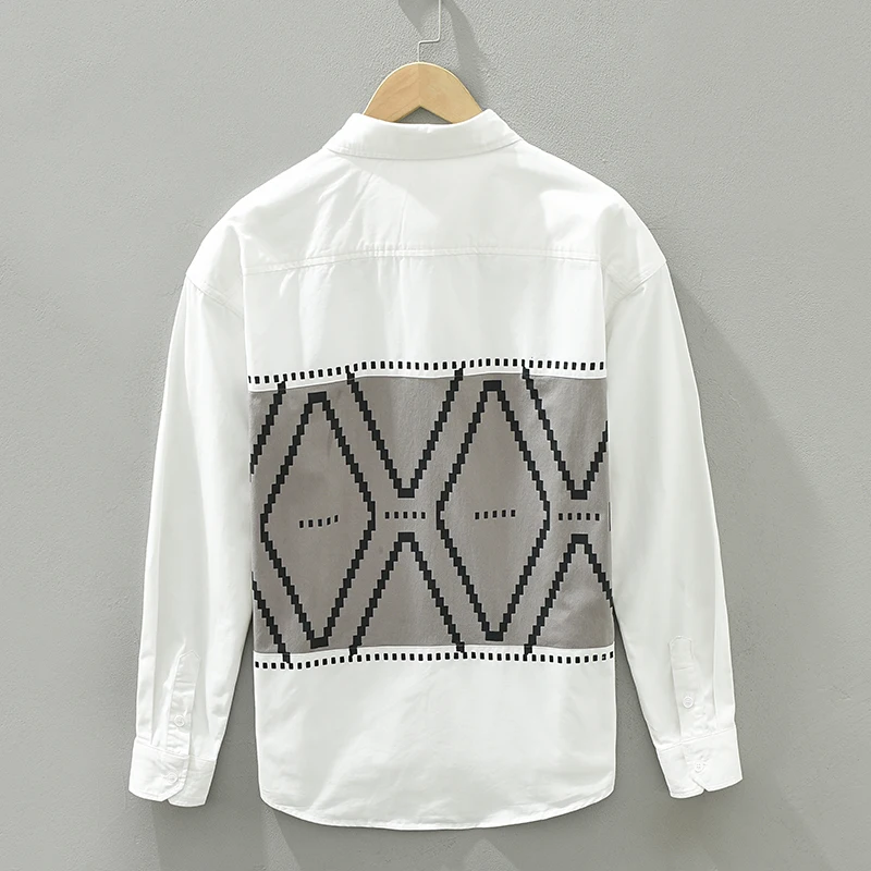 New Designer Long-sleeve Casual Pure Cotton Print Geometric Pattern Brand Men Shirt Fashion Loose Top Clothing Camisa Masculina