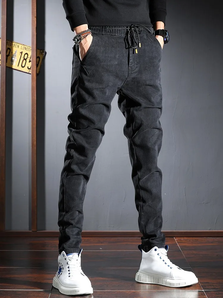 Autumn Elastic Waist Black Jeans Men Streetwear Casual Slim Fit Drawstring Denim Pants