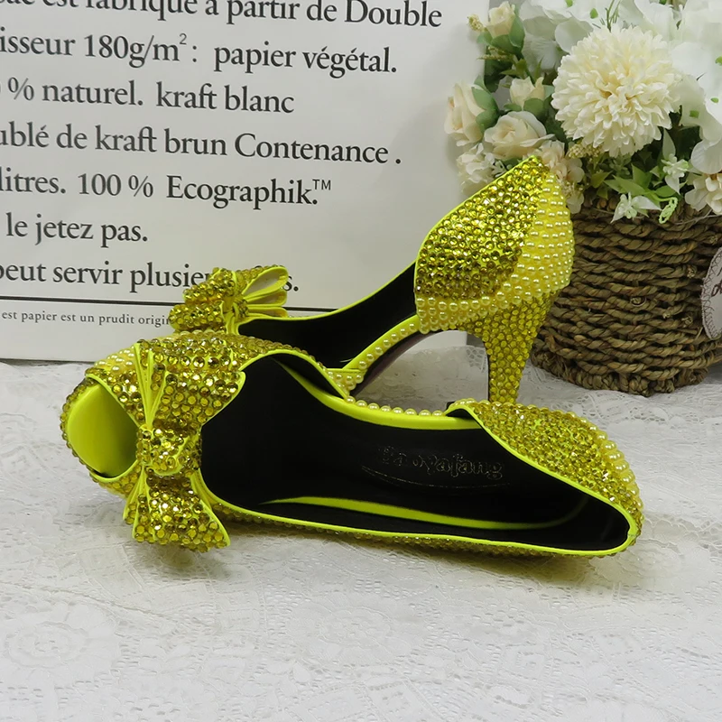 BaoYaFang Lemon Yellow Crystal Pearl women wedding shoes woman High heel pumps women Bowtie Red sole fashion shoe Royal Blue