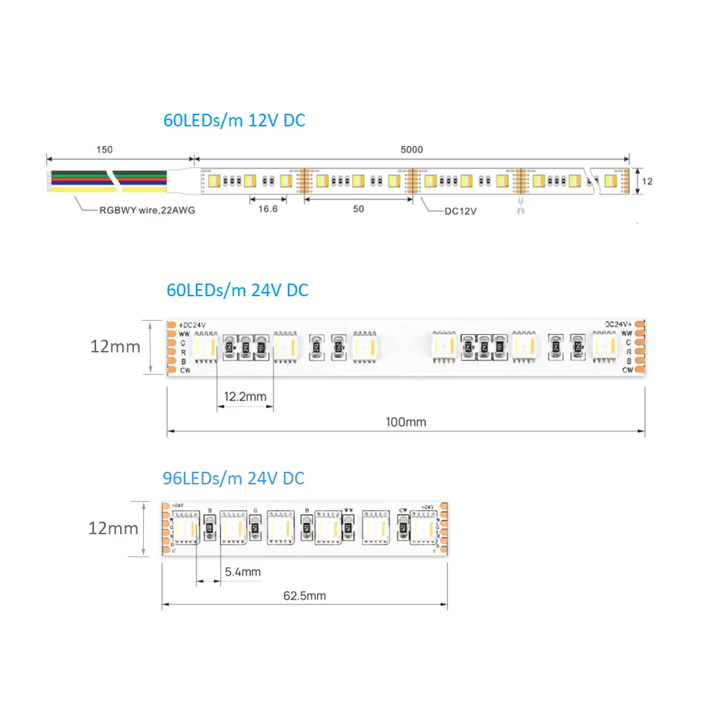 Imagem -03 - Rgbww Tira Conduzida 12v 24v dc Smd Rgbw 5050 Rgbcct Listra Impermeável Flexível em Rgb Cct Fita de Luz para Sala Estar Decoração 5m