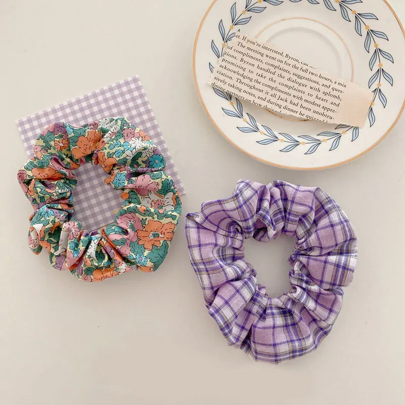 Women Floral Plaid Hair Scrunchies Vintage Wild Hair Ring Elastic Rubber Band Girls Fashion Ponytail Scrunchie Hair Accessories