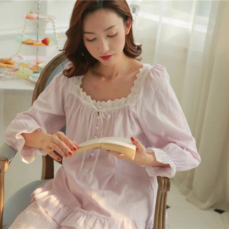 

DISCOUNT Women Pajamas Palace Princess Lace Autumn Long-Sleeve Long Pants Two-Piece Sets Retro Sleepwear Female Light Purple