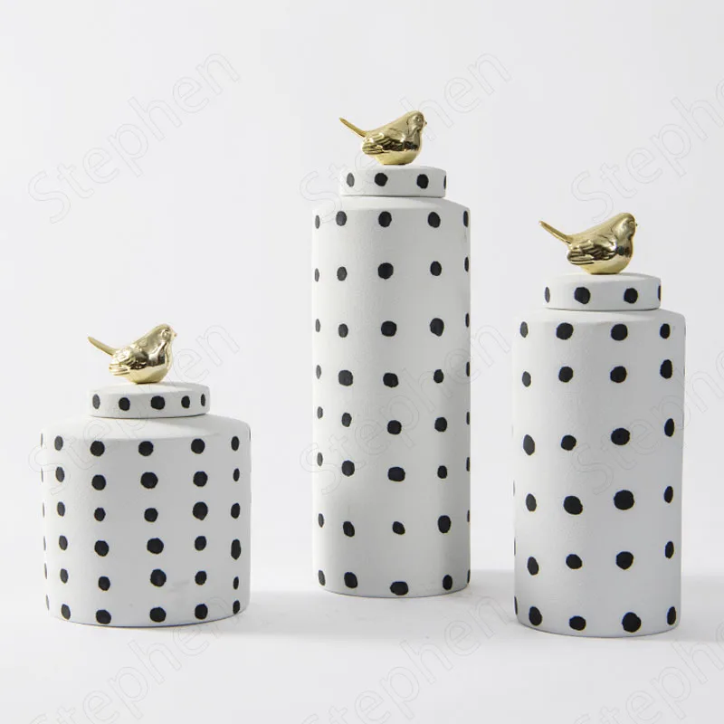 Speckled Decorative Ceramic Jars with Lid Nordic Modern Rough Feel Gilded Bird Jar Flower Vase Ornaments Living Room Decoration