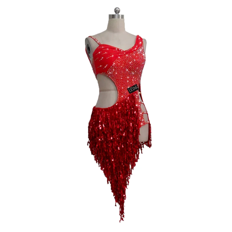 New Latin Dance  Competition Performance Dress Adult Red Cut-Out Sequin Sexy Dance Dress