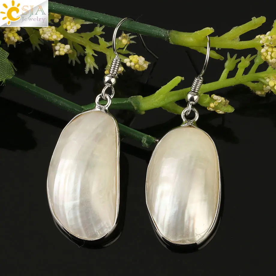 CSJA Natural Mother of Pearl Shell Drop Earrings Cabochon Bead Silver Color Hook Dangle Earring Simple Summer Beach Jewelry G220