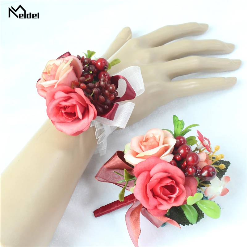 Meldel-ramillete de muñeca para novia, pulsera de plástico con flor de Rosa de seda Artificial, ramillete para novio, decoración de boda