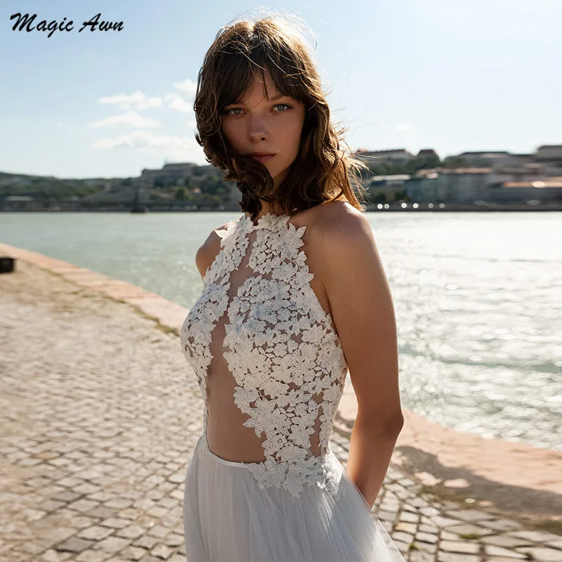 Magic Awn Nieuwe Tulle Beach Trouwjurken Kant Applicaties Illusion Backless Bruidsjurken A-lijn Boho Aangepaste Robe De Mariee