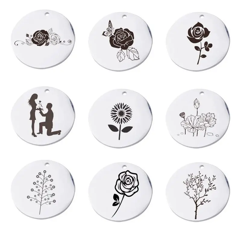 Stainless Steel Disc Mirror Polishing Engravable Laser Valentine's Day Flower Rose Sunflower Necklaces for Women Jewelry