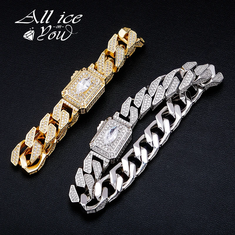 

ALLICEONYOU New Fashion Bracelet Iced Out Cubic Zirconia With Spring Ring Clasp Cuban Chain Hip Hop Jewelry For Gift