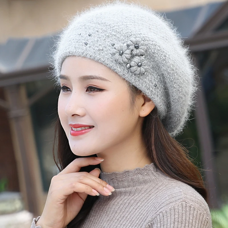 Beret Women Hat Angora Winter Warm Flower Soft Double Layers Thermal Snow Outdoor Accessory Female