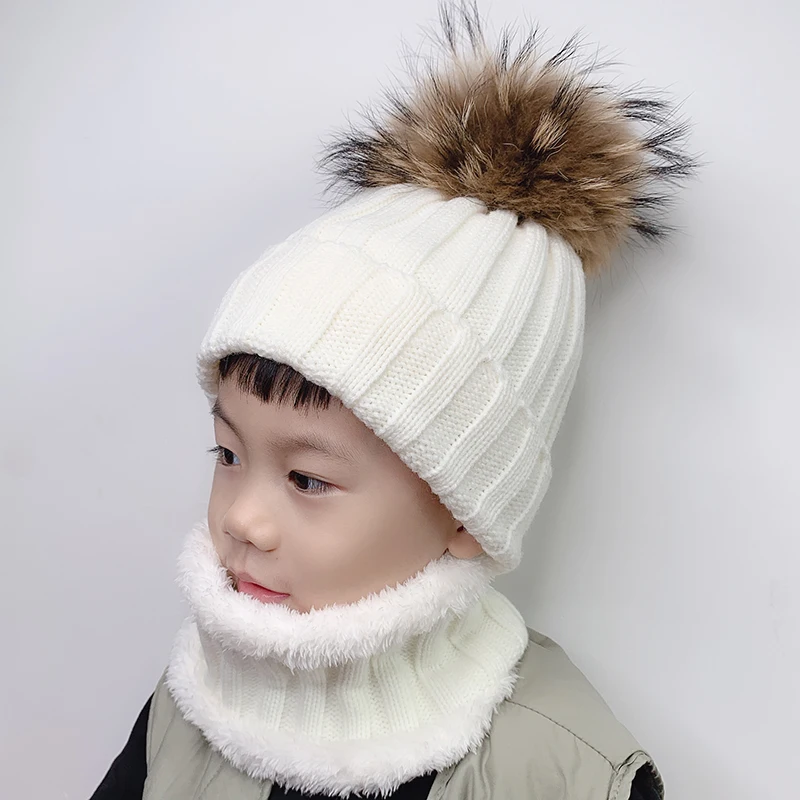 

Kids Boys Girls Warm Fleece Liner Beanie Hat With Scarf Winter Knitted Hats For Children Baby Fur Pompom Skullies Beanies