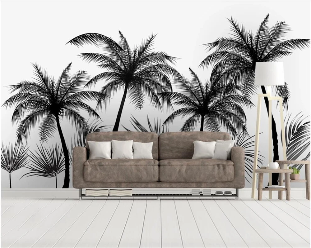 Papel tapiz personalizado para paredes, murales de fondo de TV de estilo europeo, blanco y negro, selva tropical, árbol de coco, 3 d