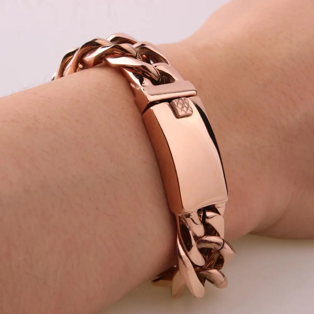 HIP Hop Stainless Steel Chain & Link Double Cuban Bracelets Biker Rose Gold Color Curb Bracelet Bangles for Men Jewelry