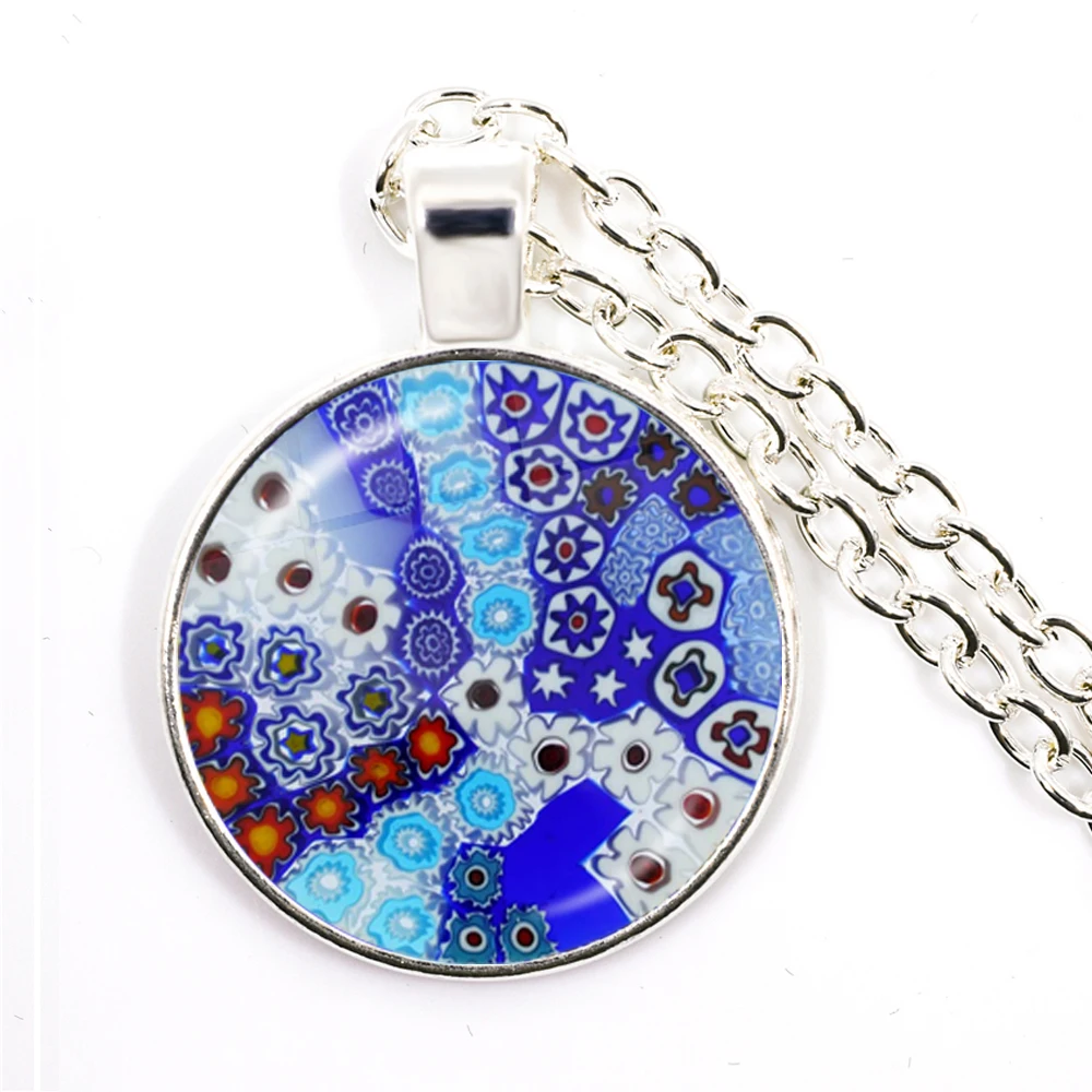 Murano Millefiori Pendant Necklace MultiColour Flower 25mm Glass Cabochon Necklace Jewelry For Women Men Gift Wholesale