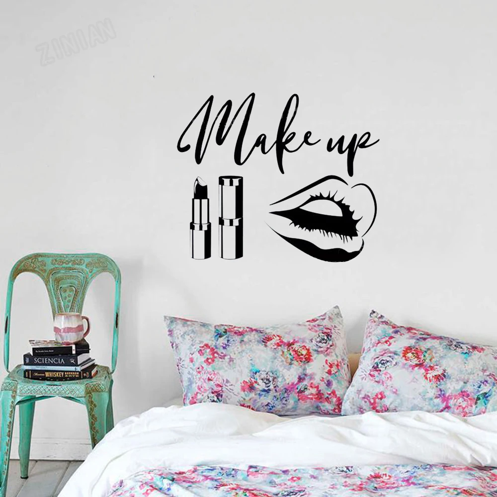 Beauty Salon Wall Stickers Make Up Wall Decals For Beatiful Woman Room Vinyl Art Lipstick Wall Stickers Decor Living Room Y126