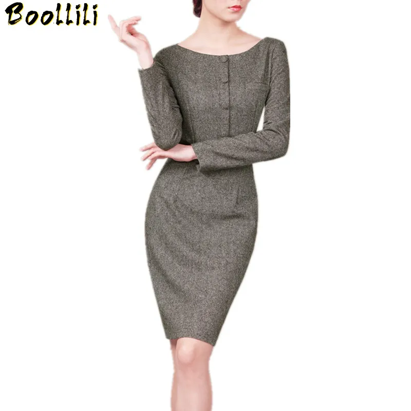 And America European High Quality Wool Spring Dress Women Long Sleeve Work Dress O-neck Slim Office Ladies Dresses Vestido