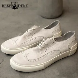 British Carved Summer Male Lace Up Casual Genuine Leather Shoes Harajuku Vintage Round Toe Cowhide Breathable Mens Sneaker Shoes