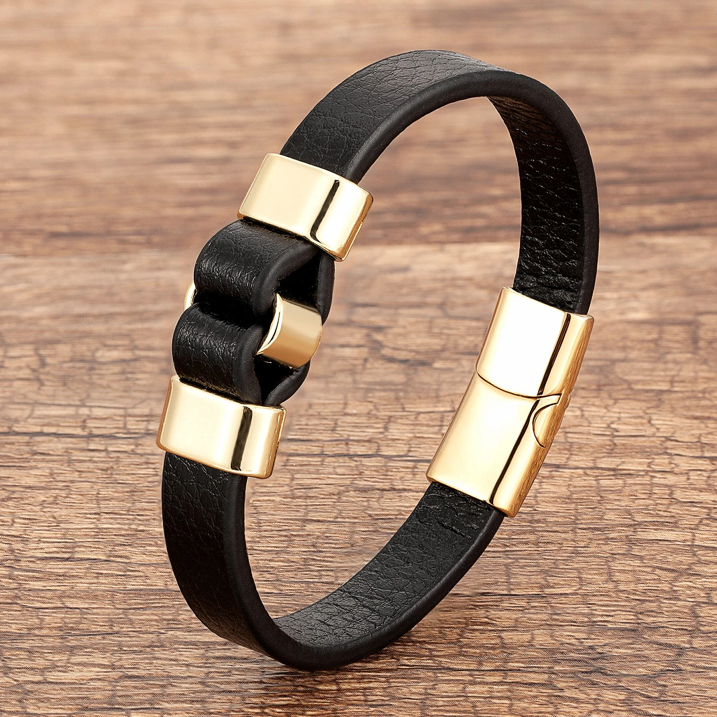 High Quality Genuine Leather Men Bracelet Charm Black Gold Color Magnetic Clasp Vintage Bangles Men's Jewelry Wholesale