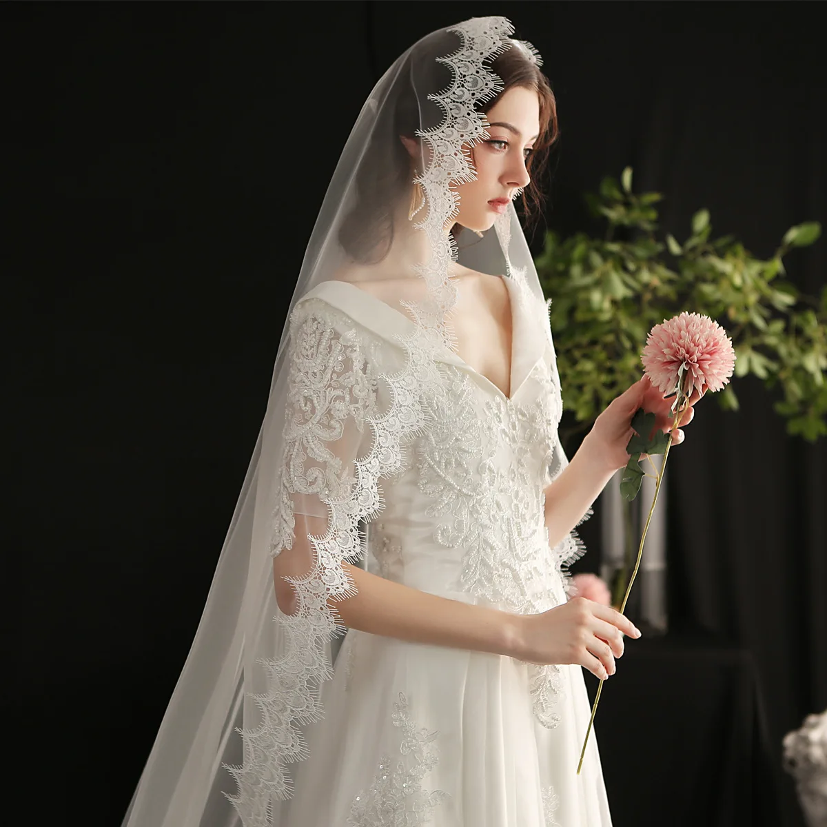 Véu de noiva com borda completa, véu de casamento com 3m e 4m de comprimento, elegante e longo