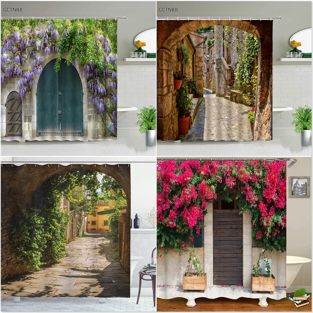 Street Building Scenery Shower Curtain Flower Plant Retro Old Door Summer Rural Landscape Bathroom Curtain Background Wall Decor