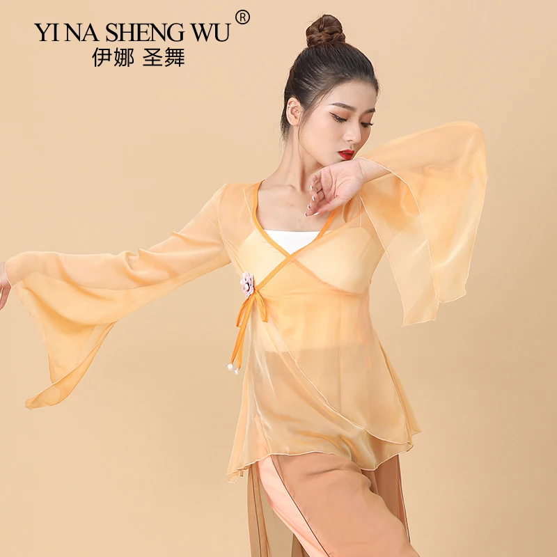 Klassische Tanz Gaze Dance Kleidung Praxis Kleidung Weibliche Sommer Charme Fließende Bluse Strickjacke Chinese Folk Leistung Dance