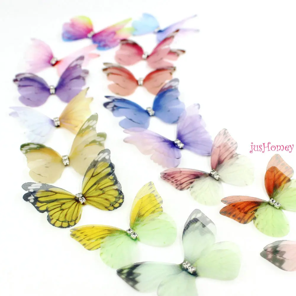 100PCS 4.5cm Double-layer Organza Butterflies w/ Rhinestone Handmade Butterfly Accessory for Wedding DIY Jewelry Making