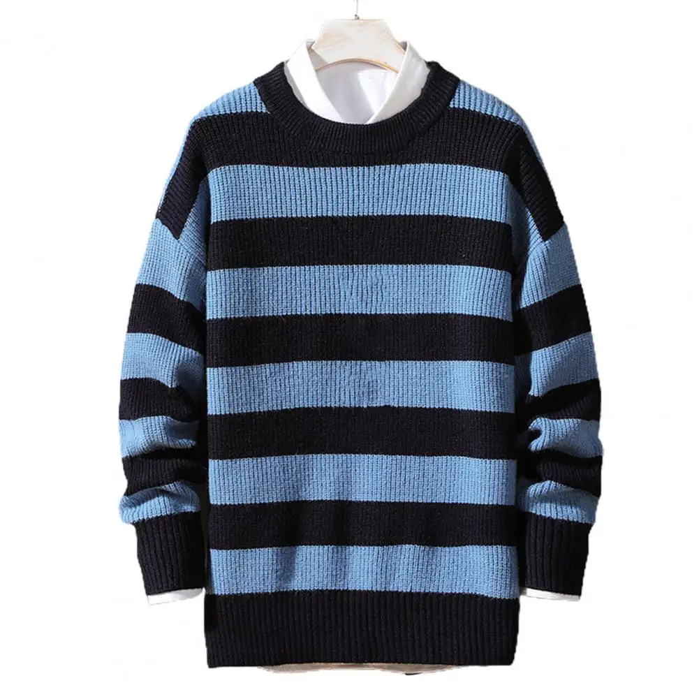 Plus Size Men Sweater Stripe Round Neck Loose Pullover Male Jumper Spring Sweater for Men Work Daily Wear