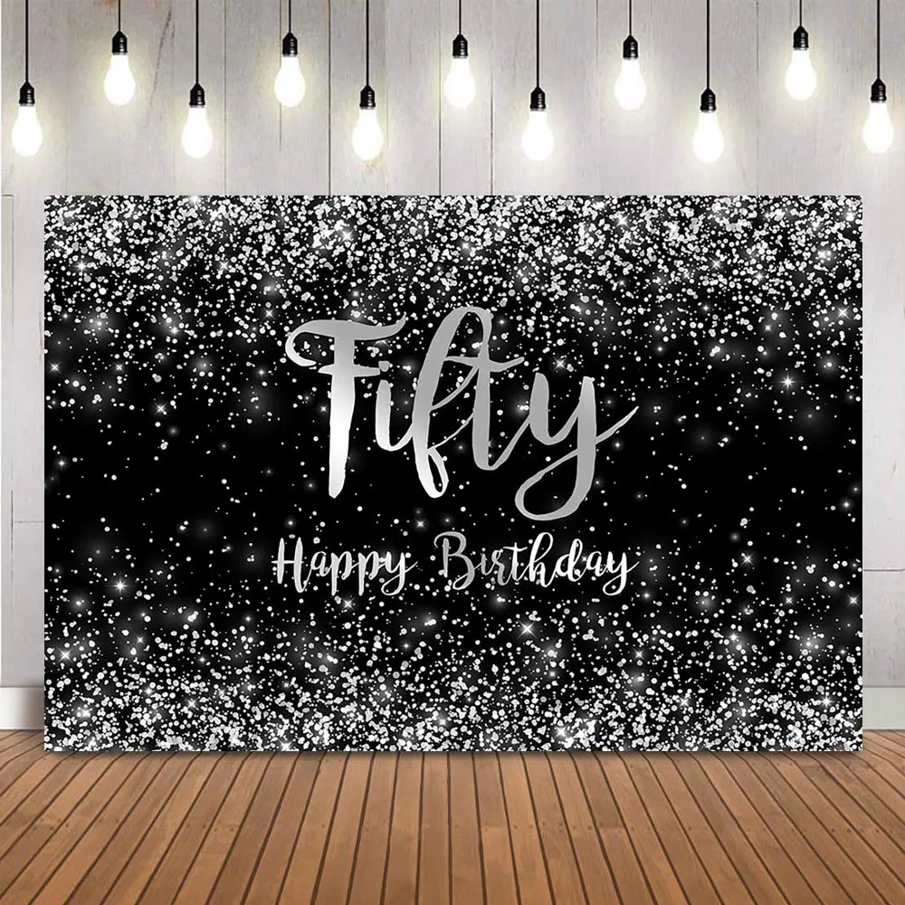 

Fifty Fabulous Birthday Backdrop for Party Decoration Supplies Black and Sliver Glitter Dots Photo Booth Background Supplies