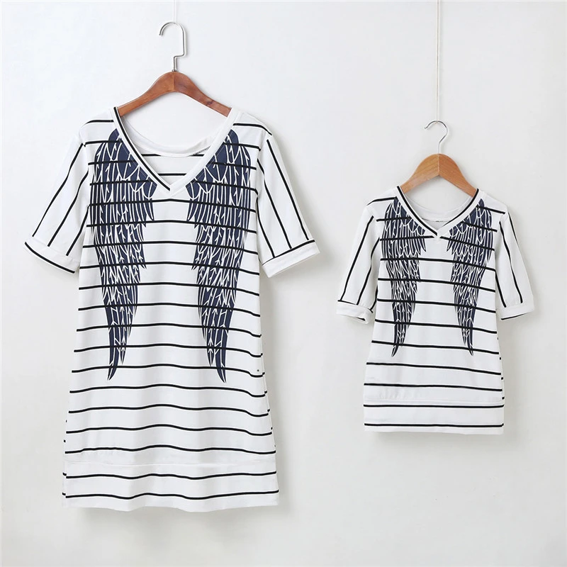 2023 Short Sleeve Striped Dress Summer Family Matching Outfits Wings Dresses Mommy And Me Clothing Sets Baby Girls Clothes