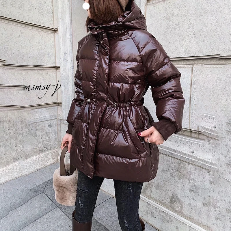 2024 Winter White Duck Down Parka Woman Long Fashion Red Black Glossy Down Parka Warm Oversized Style Hooded Jacket Winter Fem