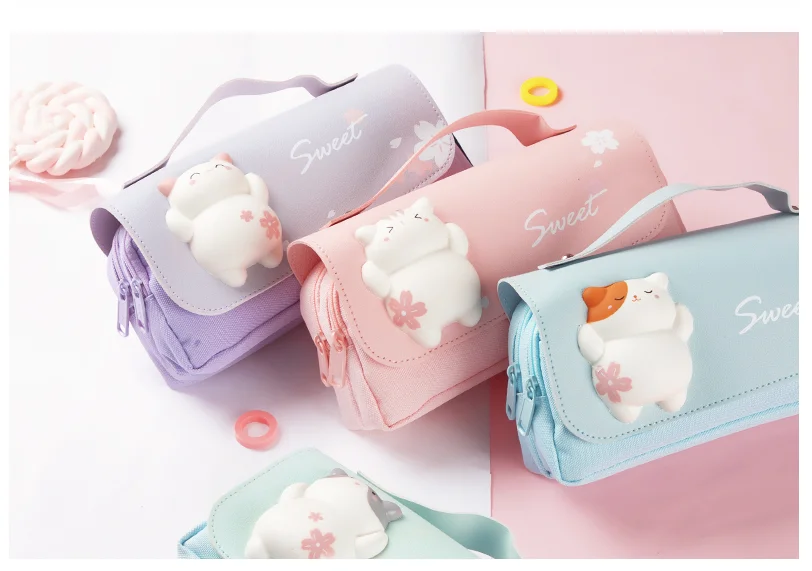 Imagem -05 - Cute Cat Decompression Pencil Case Grande Pencil Box Portable Girls Pen Bolsa Bolsa Escolar de Dupla Camada Papelaria Kawaii