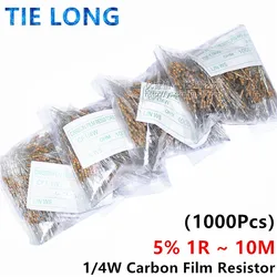 Resistencia de película de carbono, 1000 piezas, 1/4W, 5% 1R ~ 10M 0R 10R 100R 220R 330R 1K 2,2 K 3,3 K 4,7 K 10K 22K 47K 100K 1M 0 10 100 220, 330 ohm