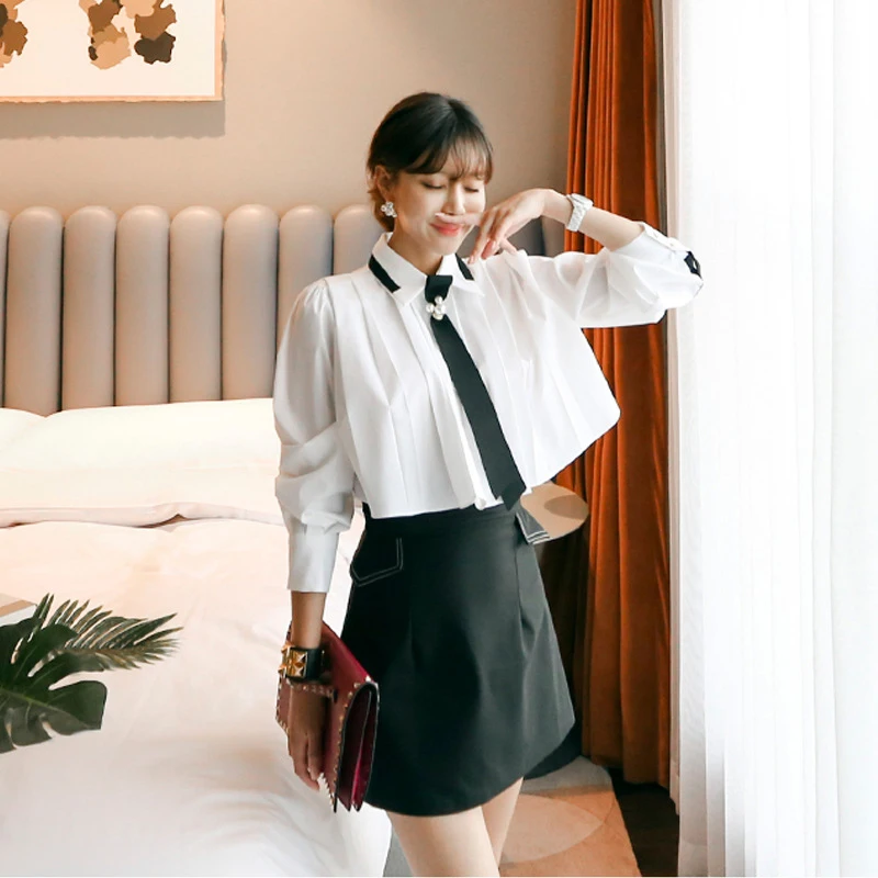 

new arrival fashion elegant korean style sets for women summer office lady mini a-line skirt and white shirt cute two piece set