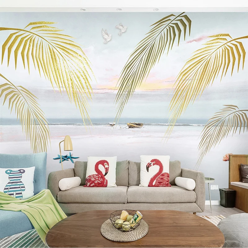 

Custom Self-Adhesive Waterproof Mural Wallpaper Modern Abstract Sea Landscape Palm Leaf Fresco Living Room Bedroom Wall Stickers