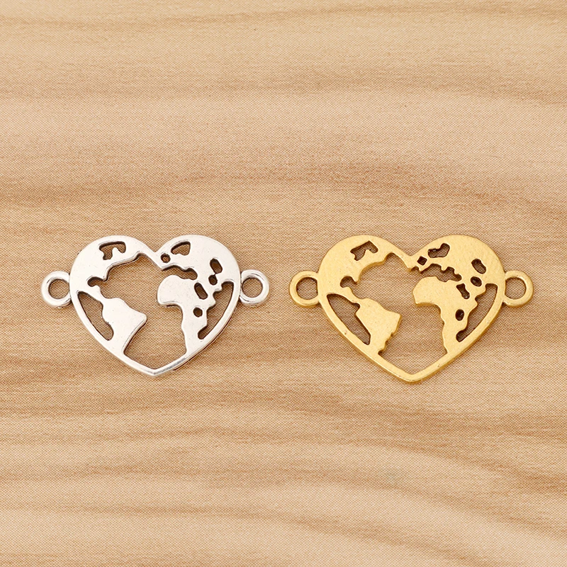 50Pcs Tibetan Silver/Gold Color World Map Link Earth Heart Connector Charms for Bracelet Jewellery Making Findings Accessories