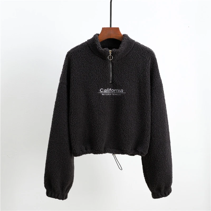 Autumn Clothes High Street Cashmere Thick Warm Sweatshirt Women California Letter Harajuku Embroidery Short Pullover Zipper Neck