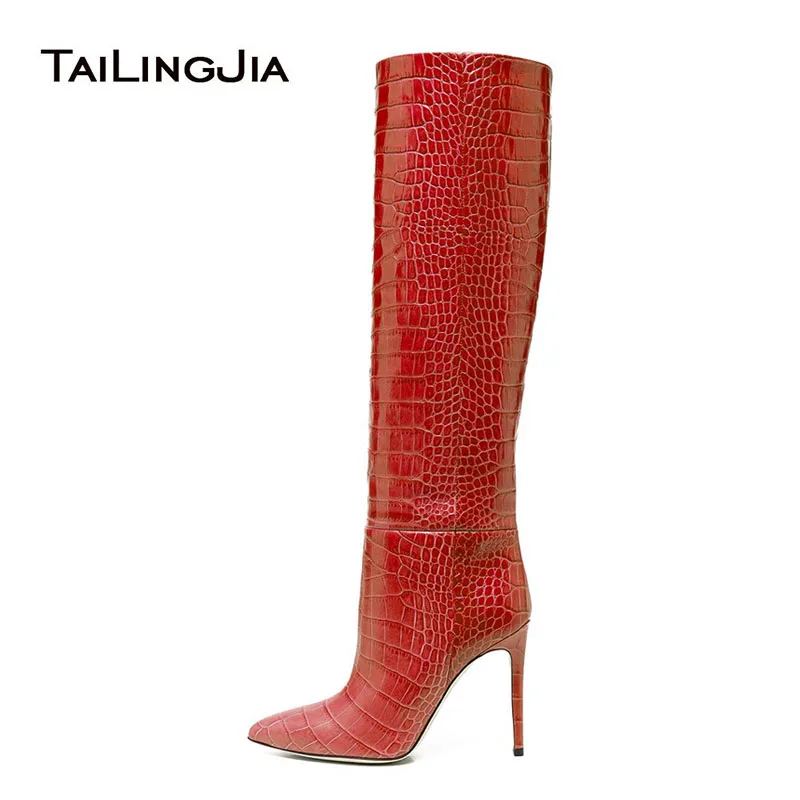 Tailingjia Ladies Winter Shoes Female Black Gold Silver Red Crocodile Pattern Pointed Toe High Heel Women Knee High Boots