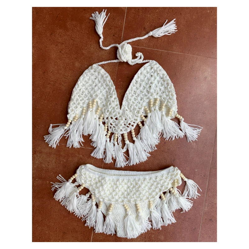 Kobiety ręcznie szydełkowane Bikini Set Sexy Knitting stroje kąpielowe Halterneck Tassel strój kąpielowy