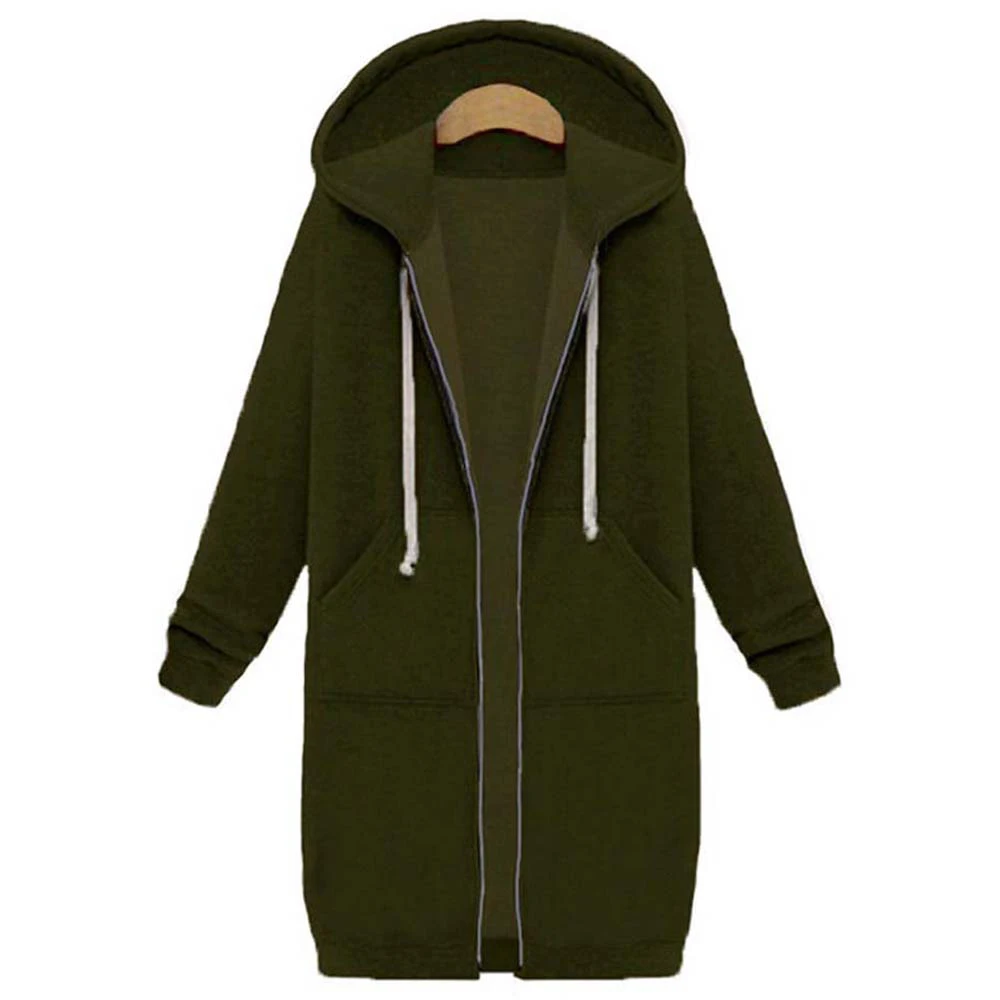 2020 Autumn Casual Women Long Hoodies Sweatshirt Coat Zip Up Outerwears Hooded Jacket Winter Pockets Plus Size Outwear Tops