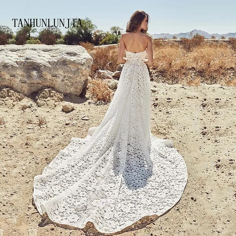 Robe de soirée de plage en dentelle, dos nu, sans bretelles, style Boho, avec traîne, ceinture à la taille, sur mesure