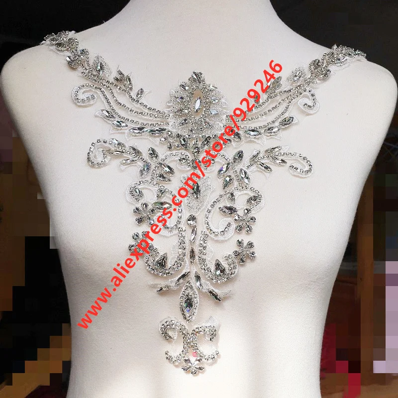 big Glass Crystal Neckline Accessory DIY Dress Gown Collar Sewing Flower Applique Rhinestone Trims For Bridal Wedding Dress