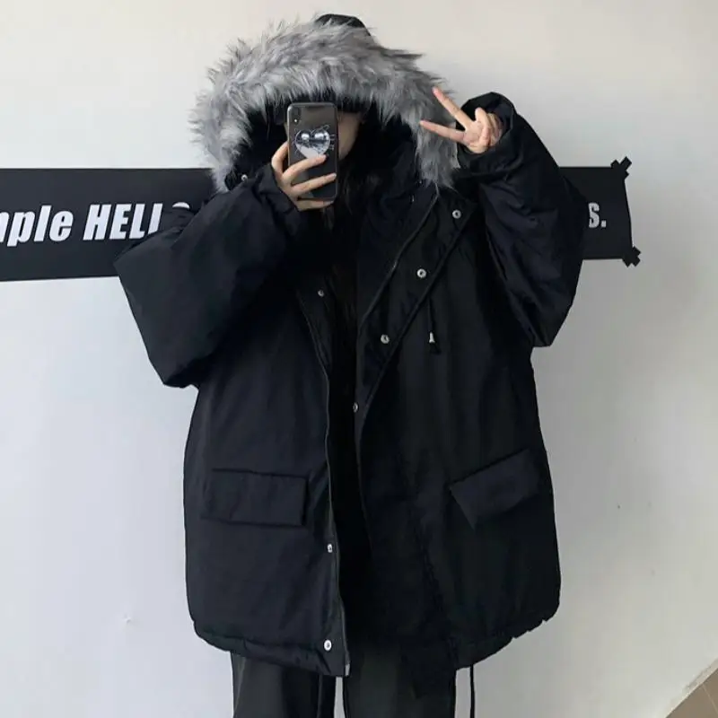 Kurze Stil Parkas Frauen Vintage Streetwear Schwarz Harajuku Pelz Kragen Parka Lose Werkzeug Zipper Dicker Mit Kapuze Jacken Unisex